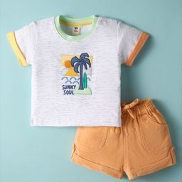 ToffyHouse Cotton Woven Half Sleeves T-Shirt & Shorts Set with Beach Theme Embroidery - White & Orange-image-26