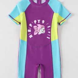 Mark & Mia Half Raglan Sleeves Printed Legged Swimsuit With Color Block Design - Purple-8