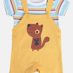MINI KLUB Cotton Half Sleeves Animal Printed Top & Dungaree Set - Yellow-image-61