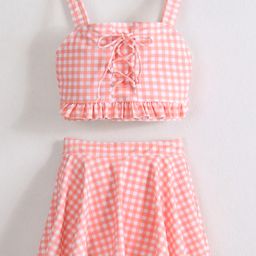 Mark & Mia Sleeveless Two Piece Swimsuit Checkered Print & Lace Detailing - Orange-picture-15