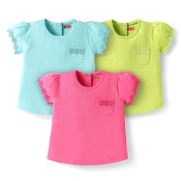 Babyhug Cotton Knit Half Sleeves T-shirts With Floral Lace Detailing Pack Of 3 - Light Blue & Dark Pink-image-89