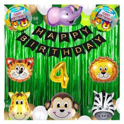 Bubble Trouble 4 Gold Balloons with Jungle Theme Birthday Decoration Items or Kit Black Paper Banner(Cardstock) Set of 13 Letters with 40 HD Metallic Dark Green Light Green White & Gold Balloons-4