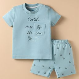 Zero Sinker Knit Half Sleeves Shorts Night Suit with Catch Me by the Sea Text Print - Light Blue-image-16