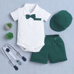 BUMZEE Cotton Half Sleeves Stars Printed Onesie Shorts With Suspender Cap & Bow Set - White & Bottle Green-image-99