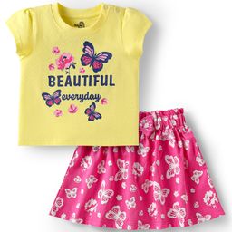 Doodle Poodle 100% Cotton Knit Half sleeve Printed T-Shirt & Skirt with Butterfly Print & Bow Applique - Dark Pink & Yellow-picture-26