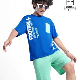 Ollington St. Cotton Half Sleeves T-Shirt & Shorts Set With Football Print - Blue & Lime Green-picture-26