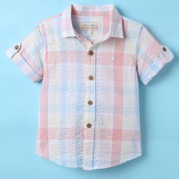 JASH KIDS Cotton Woven Half Sleeves Check Shirt - Orange Red & Blue-image-94