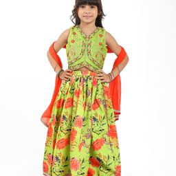 Babyhug Cotton Woven Sleeveless Floral Printed & Embroidered Choli Lehenga Set with Dupatta & Lace Detailing - Limegreen-image-69