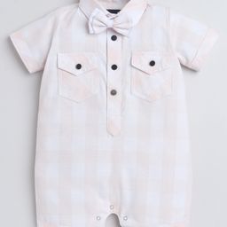 Polka Tots Cotton Half Sleeves Checked Shirt Style Romper With Set - Orange-image-75