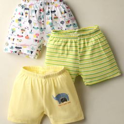 OHMS Single Jersey Knit Knee Length Shorts with Vehicle Print & Stripes Pack of 3 - Yellow & White-picture-17