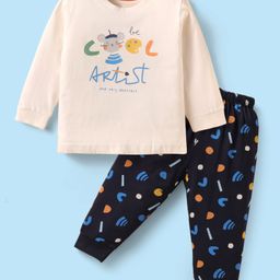 Zero Sinker Knit Full Sleeves T-Shirt & Lounge Pant Set With Mouse Print - Cream & Navy Blue-image-58