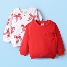 Babyhug Cotton Knit Full Sleeves Sweatshirts With Bow Print & Heart Applique - Red & White-picture-18