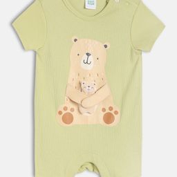 MINI KLUB Cotton Knit Half Sleeves Bear Printed & Applique Detailed Romper - Beige-picture-7