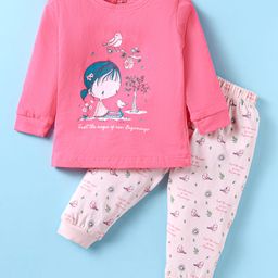 CUCUMBER Sinker Knit Full Sleeves Night Suit with Bird Print - Pink-image-16