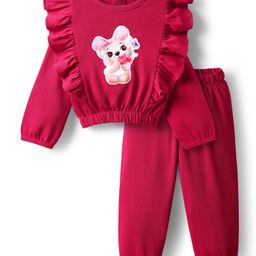 Babyhug Interlock Knit Full Sleeves Top & Trouser Set With Animal Patch - Maroon-image-82