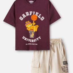 Nap Chief Cotton Knit Garfield Featuring Half Sleeves Character Printed Coordinating Oversized Tee & Cargo Shorts Set - Light Maroon-picture-22