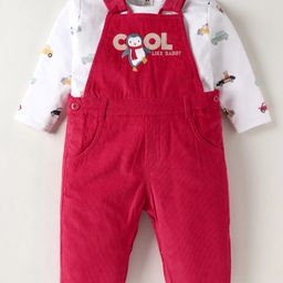 ToffyHouse Fleece Woven Full Sleeves Dungaree With T-Shirt & Vehicle Print - Red-picture-14