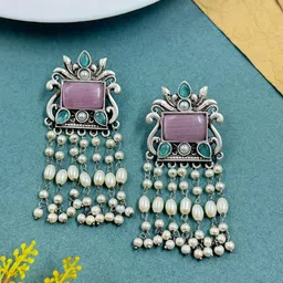 NAMAN ARTS Silver-Plated Artificial Studded & Pearls Beaded Contemporary Drop Earrings-39