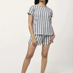 Dreamz by Pantaloons Grey White Cotton Chequered Top Shorts Set-14