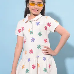 Crimsoune Club Kids Off White Floral Print Polo Dress-image-53