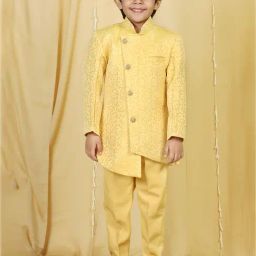 AJ Dezines Kids Yellow Printed Full Sleeves Sherwani with Pants-image-108