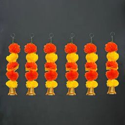 eCraftIndia Artificial Marigold Flower Garland with Bells Wall Hanging (Pack of 6)-47