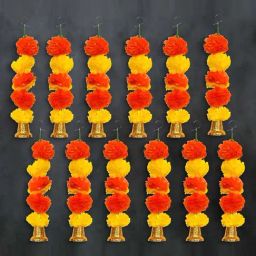 eCraftIndia Artificial Marigold Flower Garland with Bells Wall Hanging (Pack of 10)-picture-10