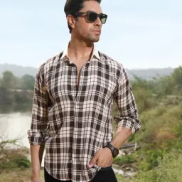 Perch Brown Cotton Slim Fit Checks Shirt-picture-9