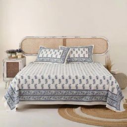 Peepul Tree Off White & Blue Cotton 280 TC Double Bedsheet with 2 Pillow Covers-image-104