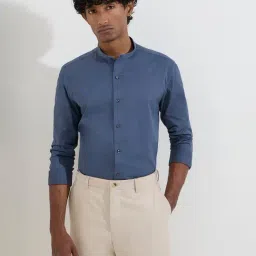 WES Formals by Westside Blue Solid Ultra Slim-Fit Cotton-Blend Shirt-image-78