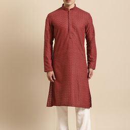 RAJUBHAI HARGOVINDAS Men Maroon Chikankari Kurta-image-83