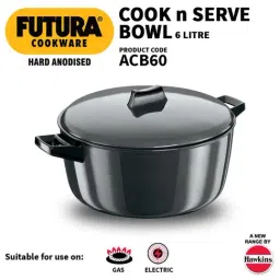 Hawkins Futura Black Hard Anodised 27 cm Cook-n-Serve Bowl with Hard Anodised Lid, 6 L-22