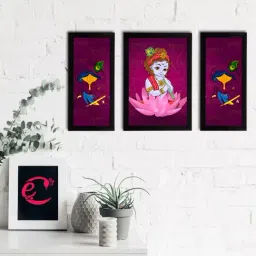 eCraftIndia Set of 3 Lord Krishna Satin Matt Texture UV Art Painting-40