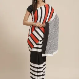 Kalakari India White & Black Cotton Striped Saree With Unstitched Blouse-image-95