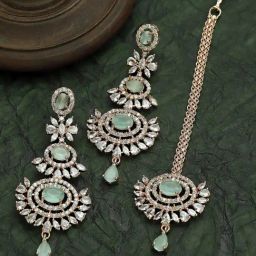 Zeneme Rose Gold Plated Green AD Contemporary Earring & Maang Tikka Set-image-26