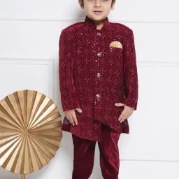 AJ Dezines Kids Maroon Embellished Full Sleeves Sherwani with Pants-image-44