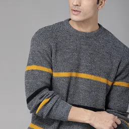 Roadster Men Navy Blue & Mustard Yellow Striped Pullover-image-23