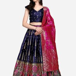 PURVAJA Navy Printed Stitched Lehenga & Unstitched Blouse With Dupatta-picture-30