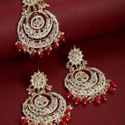 Zeneme Gold Plated Kundan Studded Red Pearl Beaded Maang Tikka & Earrings Set-48