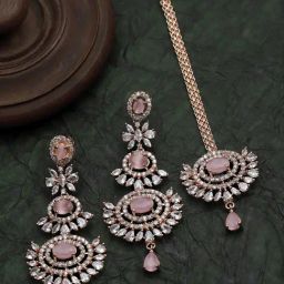 Zeneme Rose Gold Plated Pink AD Contemporary Earring & Maang Tikka Set-image-21