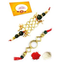 Karatcart Gold-Plated Kundan Rakhi with Roli Chawal & Greeting Card for Brother - Set of 2-3