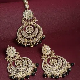 Zeneme Gold Plated Kundan Studded Black Pearl Beaded Maang Tikka & Earrings Set-image-45