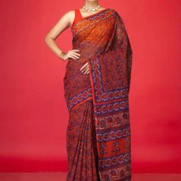 Unnati Silks Red Kota Hand Block Print Saree with Unstitched Blouse-image-2