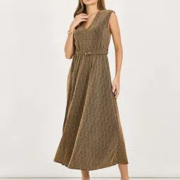 Styli Gold Self Design A-Line Dress-image-47