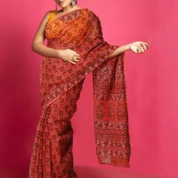 Unnati Silks Pink Kota Hand Block Print Saree with Unstitched Blouse-image-70