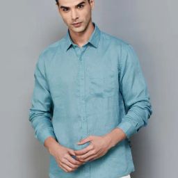 Code by Lifestyle Teal Blue Regular Fit Linen Shirt-image-18