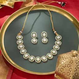 Zaveri Pearls Green Meenakari Austrian Diamonds & Pearls Embellished Necklace & Earring Set-10