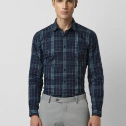 Van Heusen Navy Cotton Slim Fit Checks Shirt-image-80