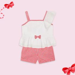 Budding Bees Kids White & Red Checks Top with Shorts-image-57