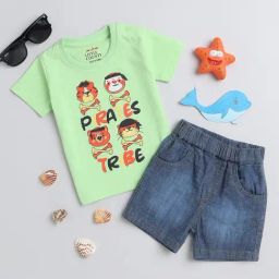 LITTLE COUNTY Green & Blue Cotton Printed T-Shirt Set-image-23